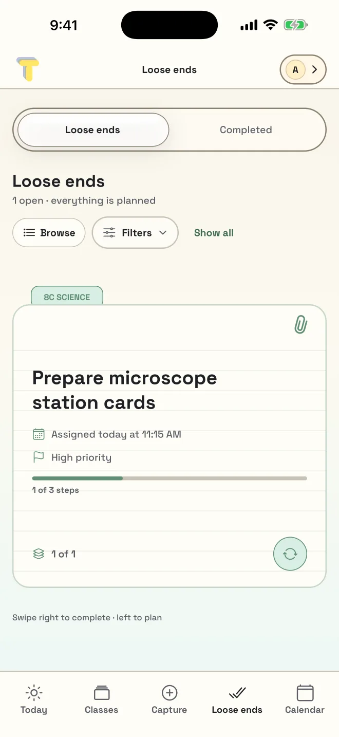 The Made to Teach loose ends screen: “Prepare microscope station cards” for 8C Science, assigned today at 11:15 AM, marked high priority, one of three steps done.